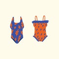 Illustration of swimsuits with a pattern. Summer, Bright, Colorful Bikinis, beachwear, swimwear, swimming trunks, shorts
