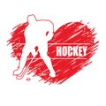 Illustration, symbol, I love hockey. Hockey player, puck, stick, heart