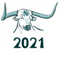 Illustration of the symbol of the new 2021. Silhouette of a bull`s muzzle with long horns in blue and turquoise colors