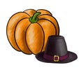 Illustration of symbols of Thanksgiving day: pilgrim hat and ripe pumpkin. Imitation of watercolor image of orange