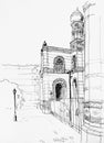 Illustration of Synagogue in Budapest, ink hand drawn urban sketch on white background