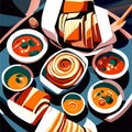 illustration of a table full of soups and soups. generative AI