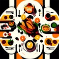 Illustration of a table with a lot of food on it. Generative AI