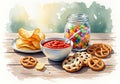 Illustration of a tabletop featuring various snacks. A plate holds a Royalty Free Stock Photo