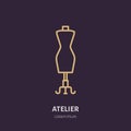 Illustration of tailor dummy, mannequin. Dress shop line logo. Vector flat sign for atelier