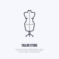 Illustration of tailor dummy, mannequin. Dress shop line logo. Vector flat sign for atelier