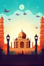 An illustration of a taj mahal with birds flying around it. AI generation Royalty Free Stock Photo