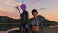 Illustration of a female human being with a tall female alien with mountains in the background