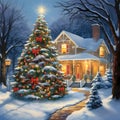 Illustration of a tall, richly decorated Christmas tree with a star in the background a lighted house, snow all around. Christmas