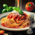 Illustration of tasty appetizing classic italian spaghetti pasta with tomato sauce, cheese parmesan and basil on plate on rustick