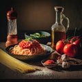 Illustration of tasty appetizing classic italian spaghetti pasta with tomato sauce, cheese parmesan and basil on plate on rustick