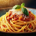 Illustration of tasty appetizing classic italian spaghetti pasta with tomato sauce, cheese parmesan and basil on plate on rustick Royalty Free Stock Photo