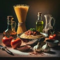 Illustration of tasty appetizing classic vegan Italian spaghetti bolognese with tomato sauce, parmesan cheese and basil on plate