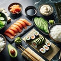 Sushi rolls set on a black sushi plate. Royalty Free Stock Photo