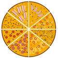 Illustration of tasty pizza. Slices of different pizzas Set.