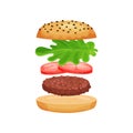 Tasty sandwich with flying ingredients grilled cutlet, slices of tomatoes and green lettuce leaf. Flat vector design for