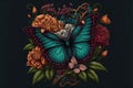 Tattoo design with flowers butterfly, digital illustration painting artwork