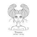 Illustration of Taurus zodiac sign. Element of Earth. Beautiful Girl Portrait. One of 12 Women in Collection For Your