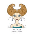 Illustration of Taurus zodiac sign. Element of Earth. Beautiful Girl Portrait. One of 12 Women in Collection For Your Royalty Free Stock Photo