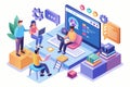 An illustration of a team of developers collaborating on a code review using a customizable isometric platform, Code review Royalty Free Stock Photo