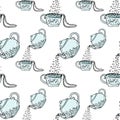 Illustration teapot and cup, hand drawn. Necklace and beads. Seamless pattern.