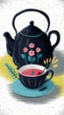 Illustration of a teapot with cup, saucer and other artistic details.