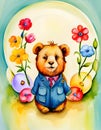 Illustration of a Teddy Bear with Balloons, birthday invitation, postcard, AI Generated