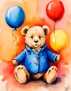 Illustration of a Teddy Bear with Balloons, birthday invitation, postcard, AI Generated