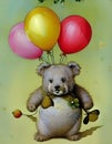 Illustration of a Teddy Bear with Balloons, birthday invitation, postcard, AI Generated