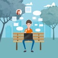 Illustration of a Teenager Using Laptop in a Bench in the Park, cartoon style, vector