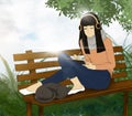 Illustration teenager sitting on the bench with sleeping cat  and listening to music from head phone, Digital paint a girl Royalty Free Stock Photo