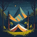 Illustration of a tent in front of a forest and mountain landscape with starry sky artistic digital art