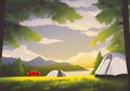 An Illustration of a Tent in the Wilderness, Set Against a Blue Sky with White Clouds, Overlooking a Picturesque Lake