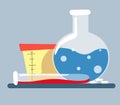 Illustration with a test tube of blood, pills, a container for analysis and a beaker in the style of flat.