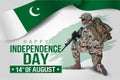 Illustration of 14th of august background for Happy Independence Day of Pakistan. a soldier with gun and flag. Vector illustration Royalty Free Stock Photo