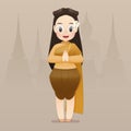 illustration thai women in Thai traditional wear say hello Sawasdee