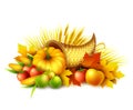 Illustration of a Thanksgiving cornucopia full of harvest fruits and vegetables. Fall greeting design. Autumn harvest