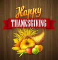 Illustration of a Thanksgiving cornucopia full of harvest fruits and vegetables. Fall greeting design. Autumn harvest Royalty Free Stock Photo