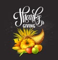 Illustration of a Thanksgiving cornucopia full of harvest fruits and vegetables. Fall greeting design. Autumn harvest Royalty Free Stock Photo