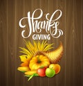 Illustration of a Thanksgiving cornucopia full of harvest fruits and vegetables. Fall greeting design. Autumn harvest Royalty Free Stock Photo