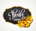 Illustration of a Thanksgiving cornucopia full of harvest fruits and vegetables. Fall greeting design. Autumn harvest