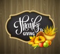 Illustration of a Thanksgiving cornucopia full of harvest fruits and vegetables. Fall greeting design. Autumn harvest Royalty Free Stock Photo
