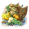 Horn of plenty. Engraved illustration with color Royalty Free Stock Photo