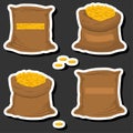 Illustration on theme big colored set different types bags, full sack of coins