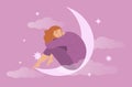 Illustration on the theme of dreams, fantasies, good sleep. a young woman sleeps on a crescent