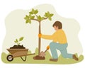 Illustration on the theme of gardening, a man plants a tree. Garden tools, shovel, garden cart. Pastel colors. Print Royalty Free Stock Photo