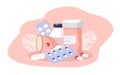 Illustration on the theme of periods, pain during menstruation. Vials, tablets, pain reliever, menstrual cup, tampon