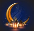 Muslim feast of the holy month of Ramadan. Oriental carved lamps and golden moon. High detailed realistic illustration