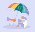 Illustration on the theme of support, help with mental disorders. hand holds out to the sad girl a rainbow umbrella