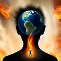 Silhouette With Singed Hair Burning Planet Humanity Illustration